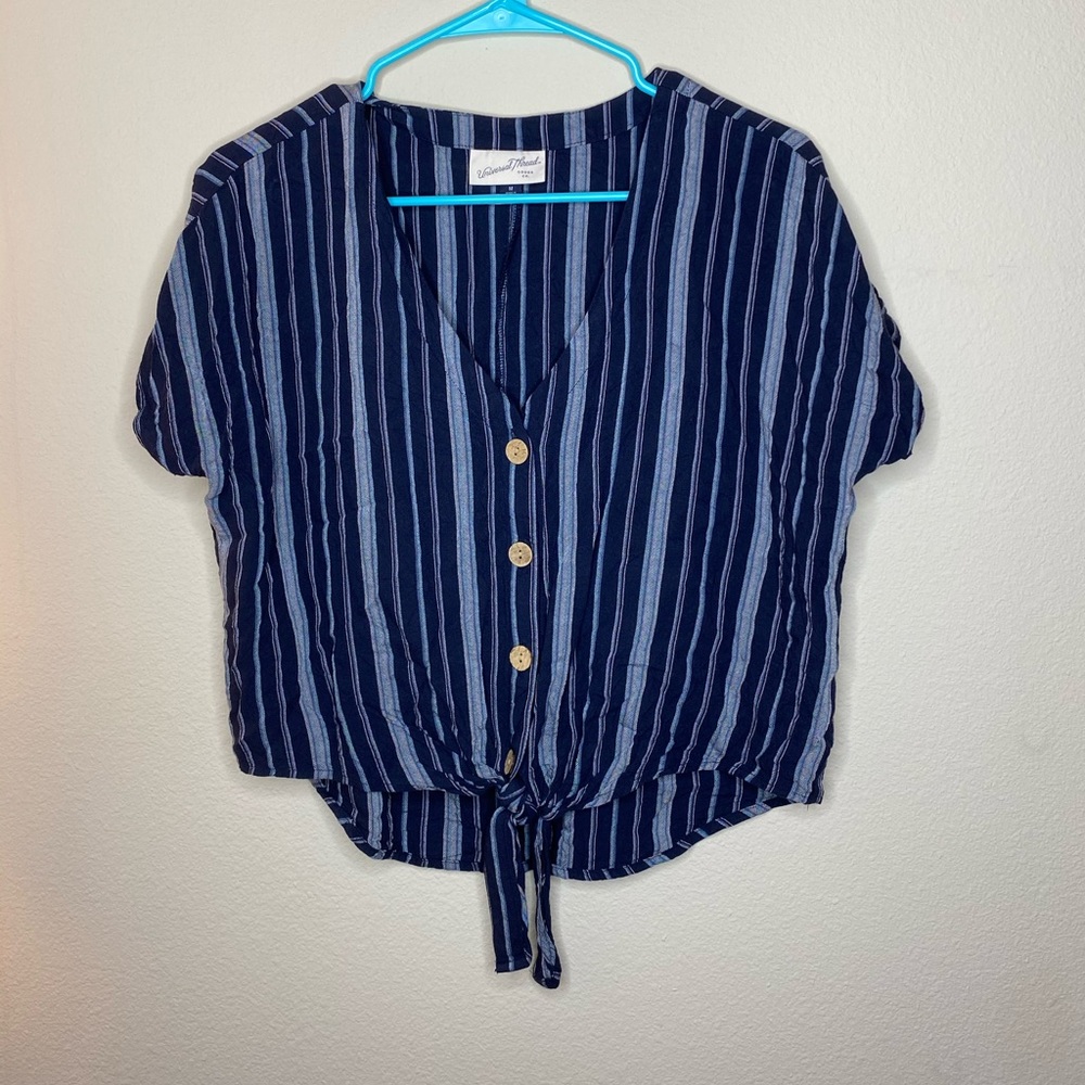 Navy Blue striped front tie Top